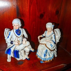 Vintage Victorian White & Blue Porcelain Man and Woman Seating Figurines